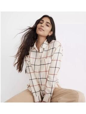 Madewell Flannel Oversized Ex Boyfriend Shirt Plaid Kempton W Sz S Cream EUC